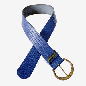 Vintage Wide Blue Leather Croc Print Belt with Etched Bronze Buckle / Small-Mdm